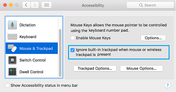 Mac 上存在鼠标或无线触控板选项时忽略内置触控板