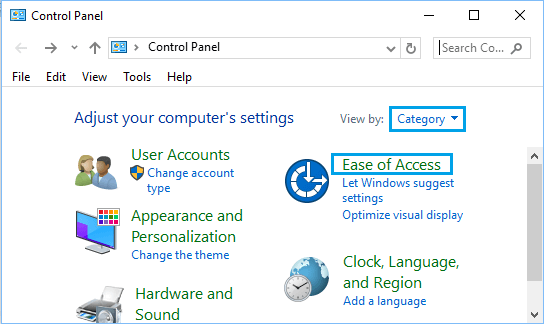Windows 10 中控制面板屏幕上的轻松访问选项