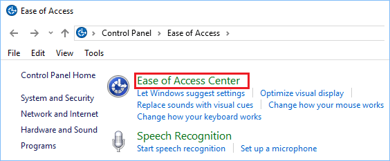 Windows 10 控制面板上的轻松访问中心选项