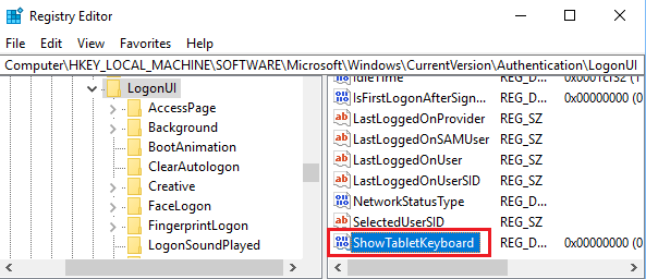 在 Windows 10 的注册表编辑器屏幕上显示平板电脑键