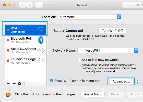 Mac 网络设置屏幕中的高级选项