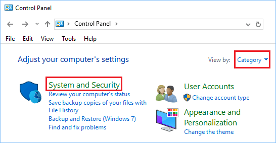 Windows 控制面板上的系统和安全选项