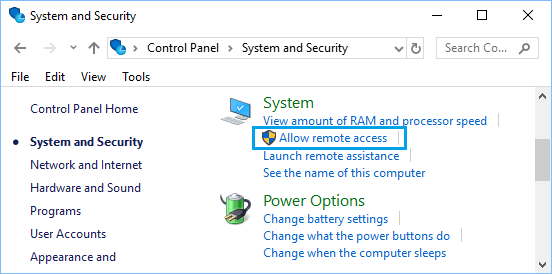 Windows 控制面板中允许远程访问选项
