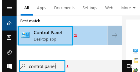 Windows 搜索栏中的控制面板