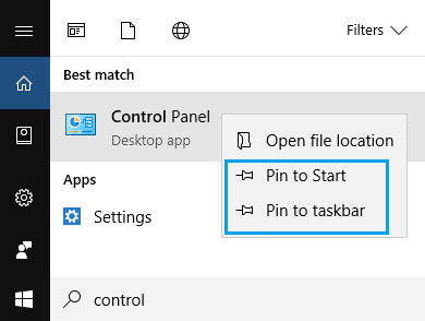 在 Windows 10 中将控制面板固定到任务栏