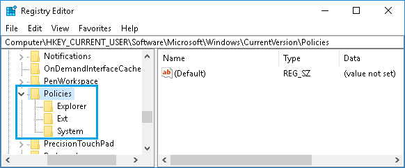Windows 10 注册表编辑器屏幕上的策略文件夹