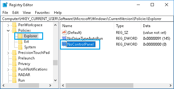 在 Windows 10 中将 DWORD 命名为 NoControlPanel