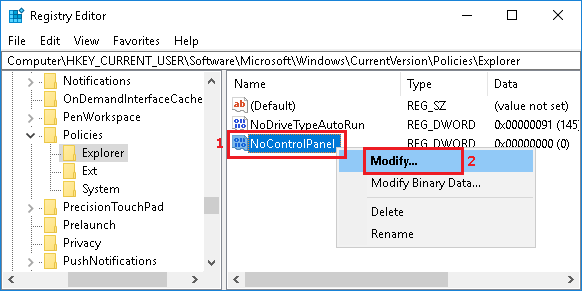 在 Windows 10 中修改 NoControlPanel DWORD