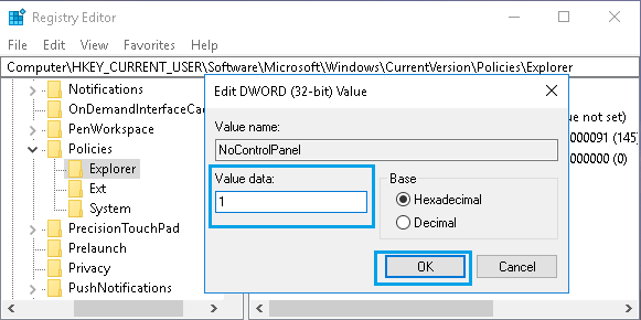 在 Windows 10 中编辑 NoControlPanel DWORD 的注册表值