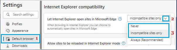 将 Microsoft Edge 设置为在 Internet Explorer 中打开网站