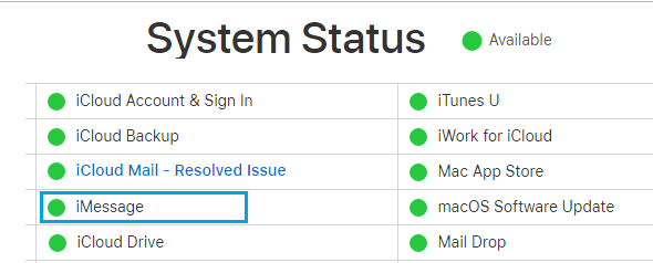 Apple 服务状态页面上的 iMessage 状态
