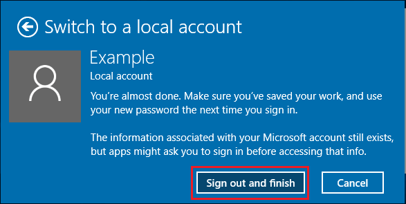 在 Windows 10 中切换到本地用户帐户