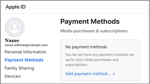 Apple ID 上的付款方式设置选项