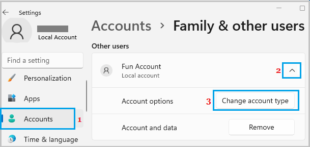 Windows 11 中的更改帐户类型选项