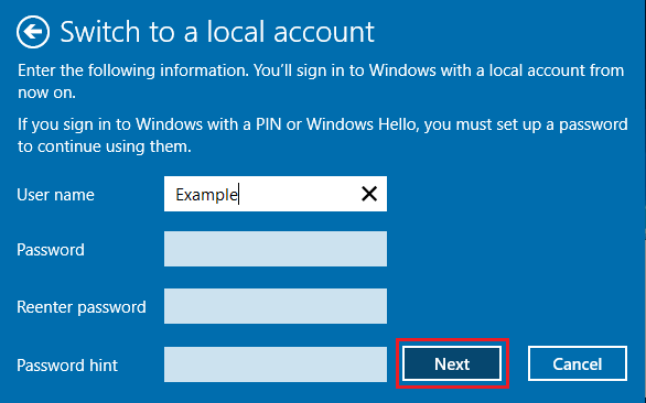 在 Windows 上设置密码 切换到本地帐户屏幕