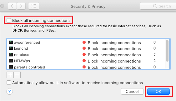 取消阻止与 Mac 的所有传入连接