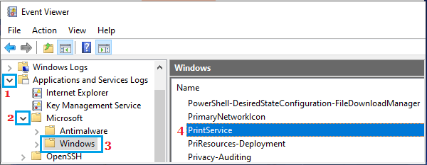 在 Windows 事件查看器中打开 PrintService 条目