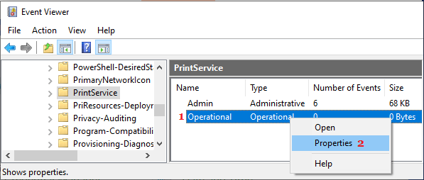 在事件查看器中打开可操作的 PrintService 属性