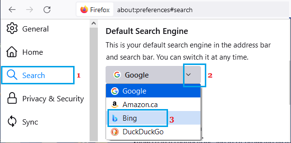将默认的 Firefox 搜索引擎更改为 Bing