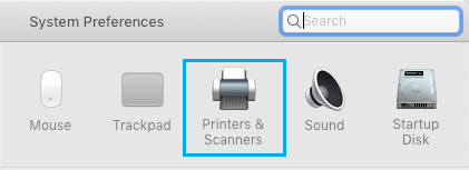 Mac 系统首选项屏幕上的打印机和扫描仪选项卡