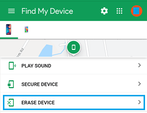 Google 查找我的设备中的擦除设备选项
