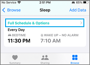 iPhone 睡眠应用程序上的完整时间表和选项选项卡