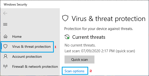 Windows 安全中的恶意软件扫描选项