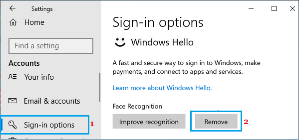 移除 Windows Hello 中的人脸识别