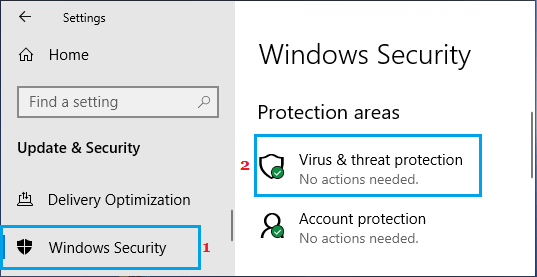 Windows 10 中的病毒和威胁防护选项