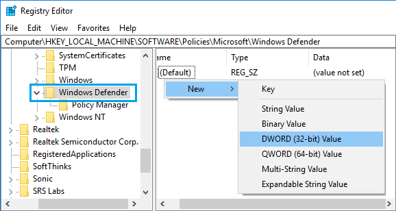 在 Windows Defender 文件夹中创建新注册表项