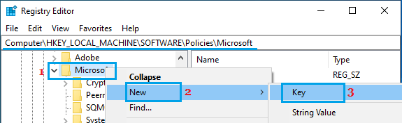 使用注册表编辑器在 Microsoft 文件夹中创建新密钥