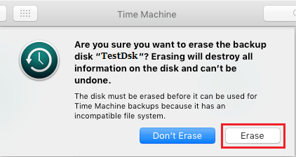 在 Mac 上设置 Time Machine 时提示抹掉磁盘