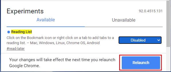 重新启动 Chrome 浏览器以保存更改