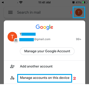 Gmail iPhone 中的“在此设备上管理帐户”选项