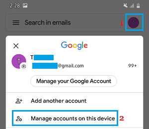 Gmail Android 中的“在此设备上管理帐户”选项