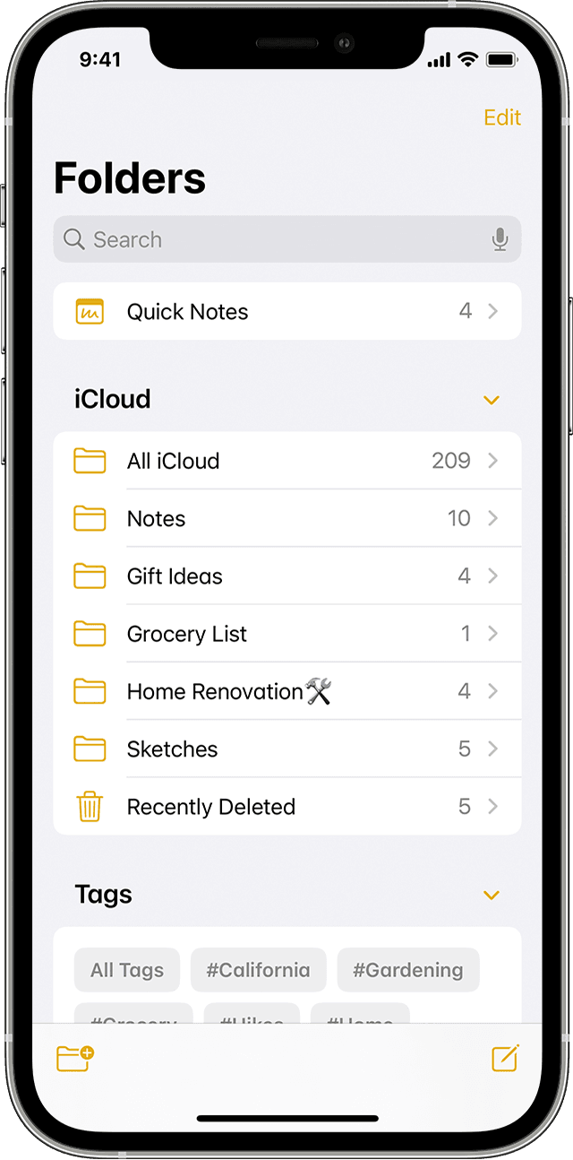 iPhone 展示了如何在 Notes 应用程序中创建文件夹。