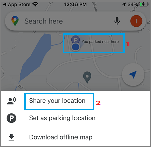在谷歌地图中共享停车位置选项