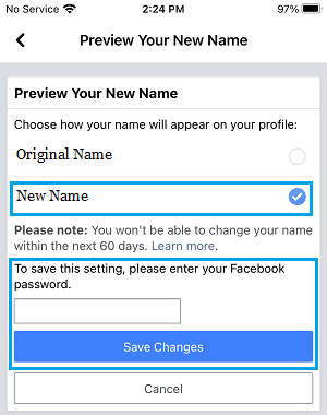 保存新的 Facebook 名称