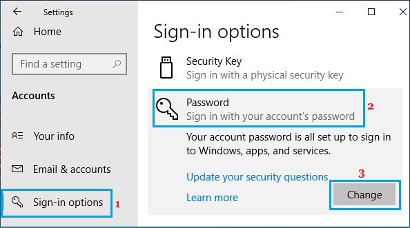 Windows 中的更改密码选项