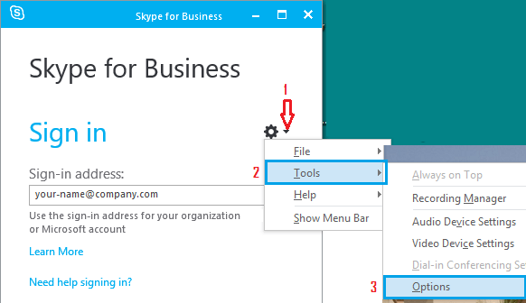 Windows 10 中 Skype for Business 应用程序中的工具和选项选项卡