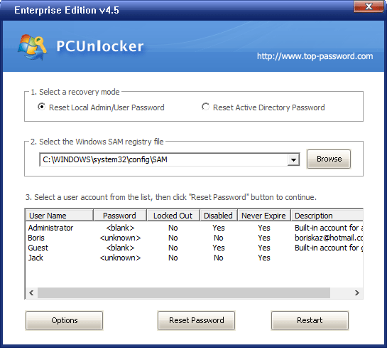 使用 PCUnlocker 重置 Windows 10 密码