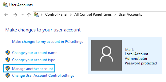 Windows 10 中的管理另一个帐户选项