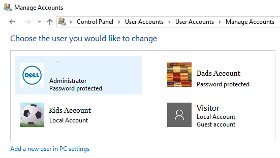 Windows 10 中的管理用户帐户屏幕