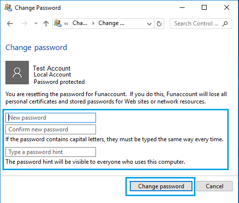 Windows 10 中的更改用户帐户密码屏幕