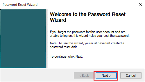 Windows 10 中的密码重置向导欢迎屏幕