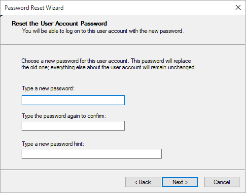 在 Windows 10 密码重置向导屏幕中键入新密码
