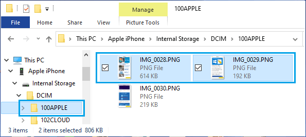 使用文件资源管理器将所选照片从 iPhone 复制到 Windows 10 计算机