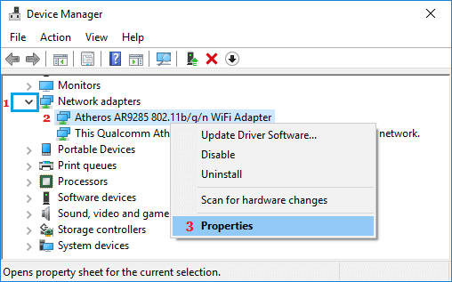 Windows 10 设备管理器屏幕中的 WiFi 适配器属性选项