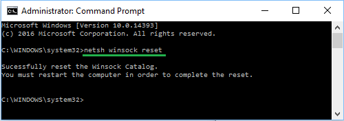 Windows 10 中的 netsh winsock reset 命令
