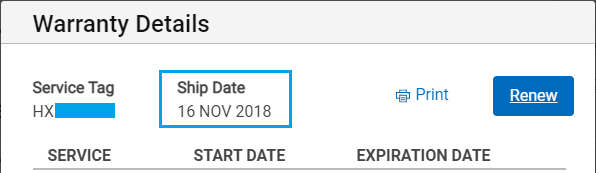 保修详细信息页面上的计算机发货日期